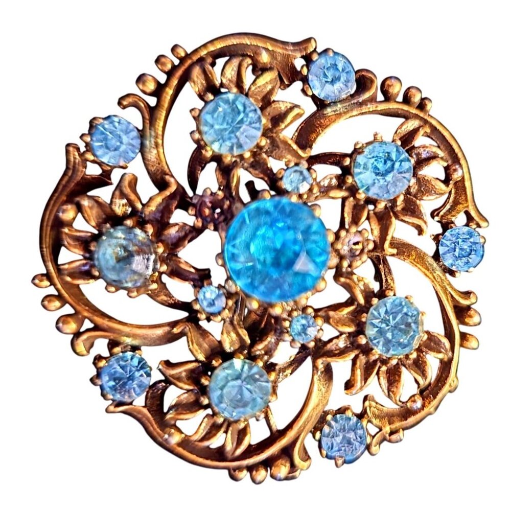 Antiques Roadshow Blue Rhinestone Gold Tone Vintage Brooch